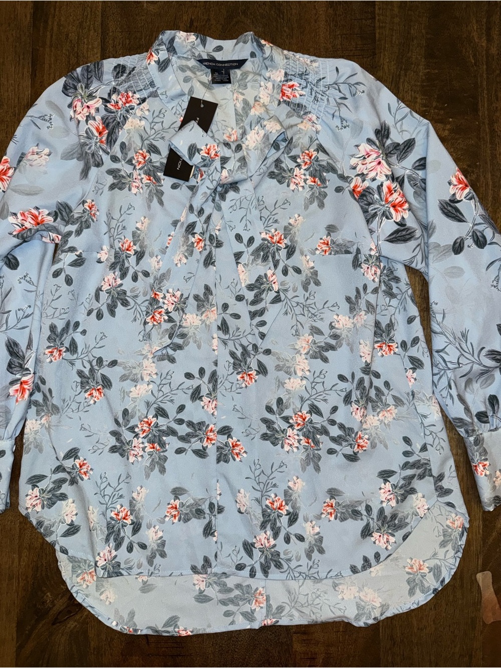 Light Blue Floral Tie-Neck Blouse - Women